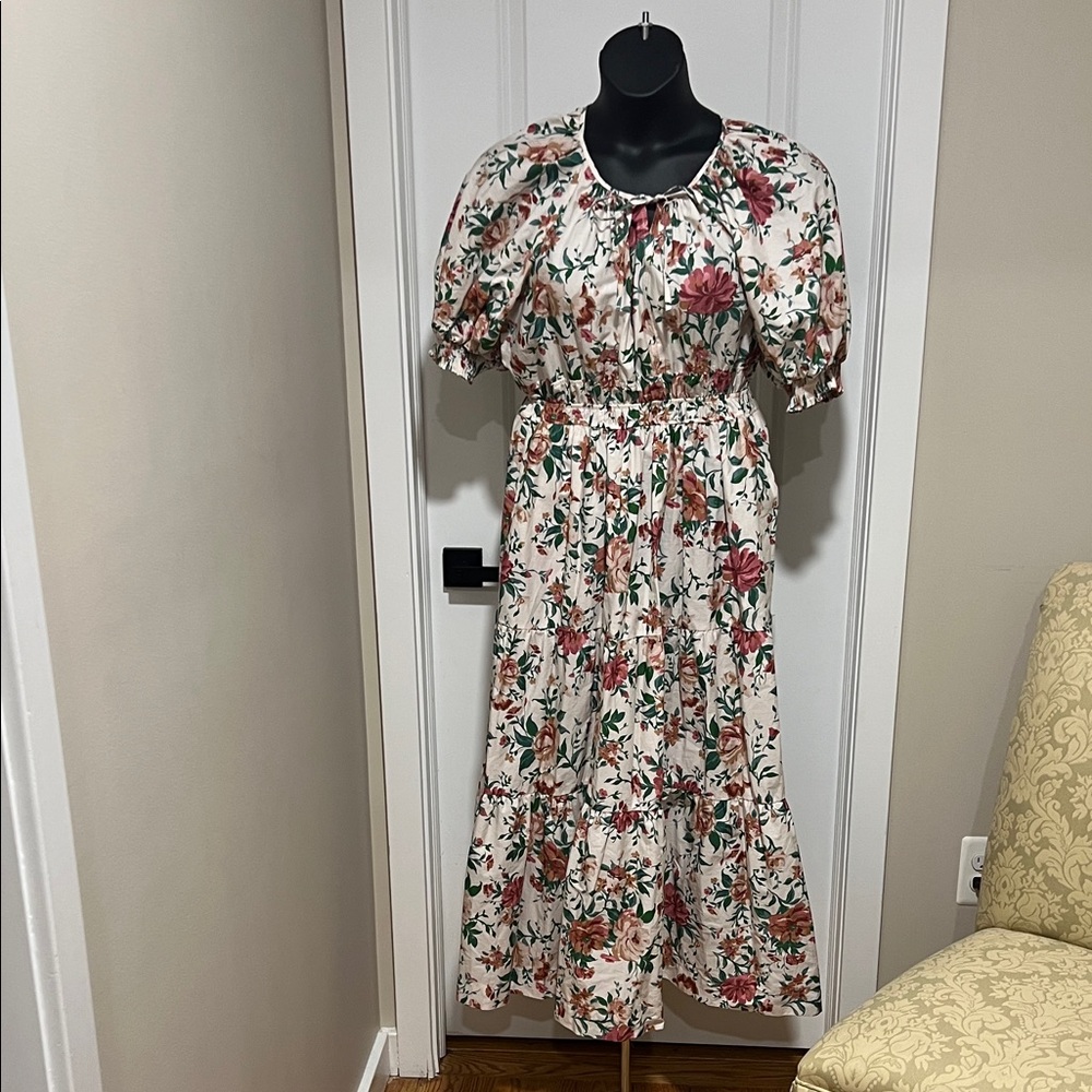 Anthropologie Floral Midi Dress in Pink and Green